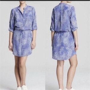 REBECCA TAYLOR Blue & White 'Leopard Fever'  Drawstring Waist Shirt Dress size 8